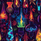 lava lamps, cannabis leaves, marijuana motifs, psychedelic pattern, neon colors, electric blue, hot pink, orange flames, purple hues, green accents, swirling designs, retro style, 1960s inspired, groovy aesthetic,, fabric panel, cosmic elements, starry effects, flowing shapes, bohemian vibe