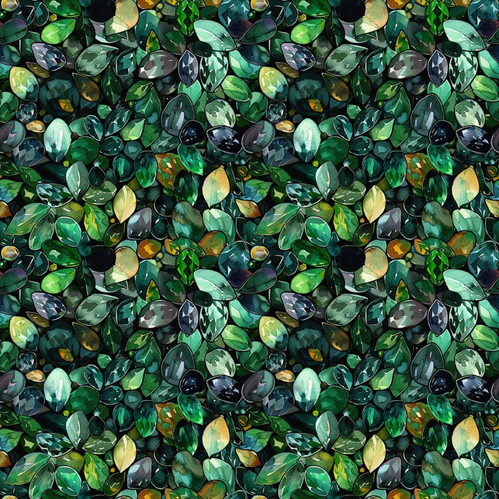 green leaves, emerald tones, forest green, sage green, lime green, yellow accents, botanical pattern, leaf motifs, nature design, seamless repeat,, fabric panel, overlapping leaves, watercolor style, organic shapes, verdant foliage, natural elements, craft fabric, sewing material, botanical print