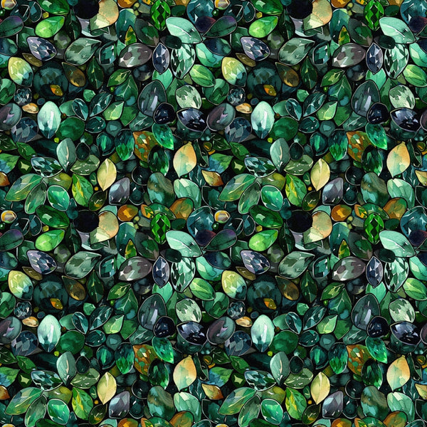 green leaves, emerald tones, forest green, sage green, lime green, yellow accents, botanical pattern, leaf motifs, nature design, seamless repeat,, fabric panel, overlapping leaves, watercolor style, organic shapes, verdant foliage, natural elements, craft fabric, sewing material, botanical print