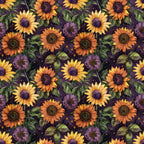 sunflowers, purple background, orange flowers, yellow blooms, green leaves, floral pattern,, fabric panel, autumn colors, botanical design, repeating pattern, cosmic background, starry night, fall theme, nature motif, warm tones, leo zodiac, celestial elements, decorative fabric, crafting material