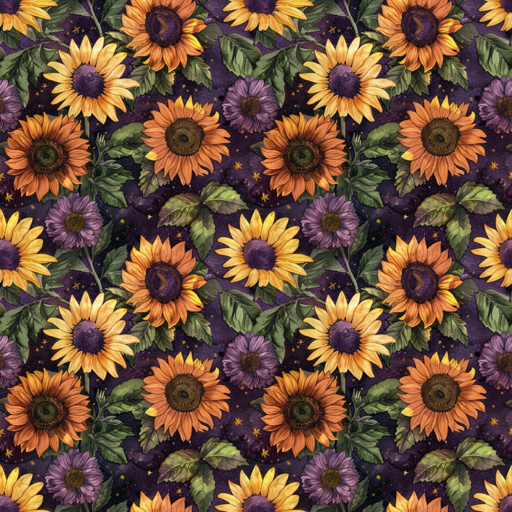 sunflowers, purple background, orange flowers, yellow blooms, green leaves, floral pattern,, fabric panel, autumn colors, botanical design, repeating pattern, cosmic background, starry night, fall theme, nature motif, warm tones, leo zodiac, celestial elements, decorative fabric, crafting material