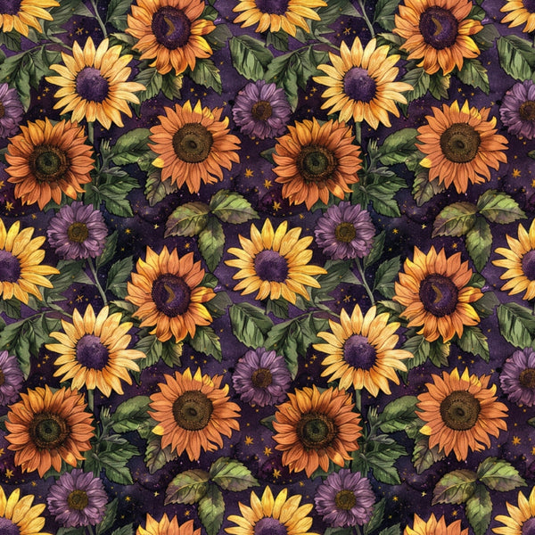 sunflowers, purple background, orange flowers, yellow blooms, green leaves, floral pattern,, fabric panel, autumn colors, botanical design, repeating pattern, cosmic background, starry night, fall theme, nature motif, warm tones, leo zodiac, celestial elements, decorative fabric, crafting material