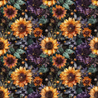 sunflowers, orange petals, purple flowers, dark centers, green leaves, black background, celestial dots, golden specks, autumn colors, floral pattern,, fabric panel, botanical design, warm tones, repeating motif, fall theme, starry night, harvest flowers, leo zodiac, cosmic elements