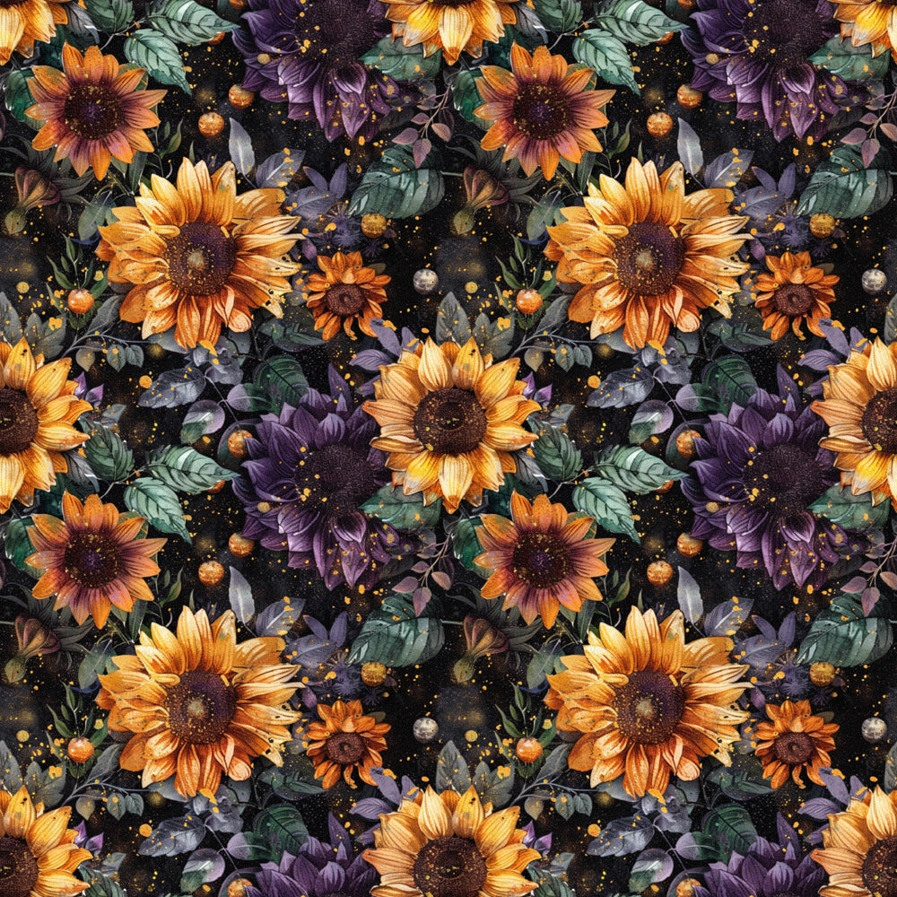 sunflowers, orange petals, purple flowers, dark centers, green leaves, black background, celestial dots, golden specks, autumn colors, floral pattern,, fabric panel, botanical design, warm tones, repeating motif, fall theme, starry night, harvest flowers, leo zodiac, cosmic elements