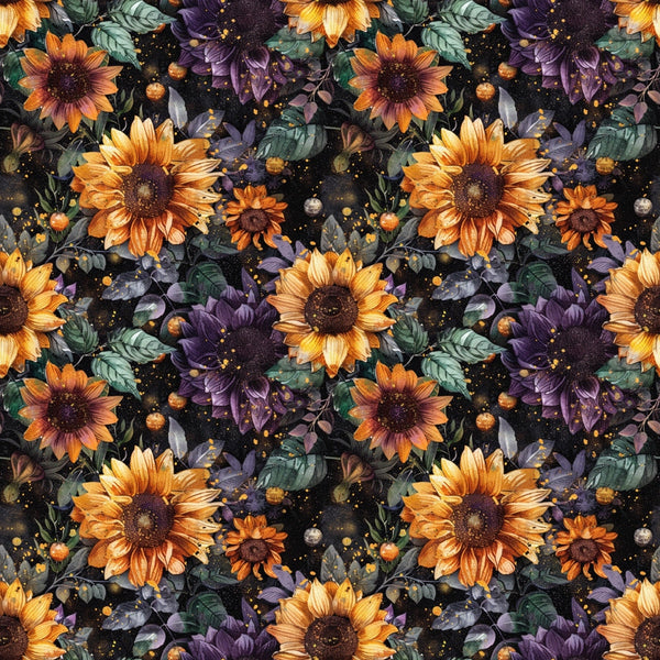 sunflowers, orange petals, purple flowers, dark centers, green leaves, black background, celestial dots, golden specks, autumn colors, floral pattern,, fabric panel, botanical design, warm tones, repeating motif, fall theme, starry night, harvest flowers, leo zodiac, cosmic elements