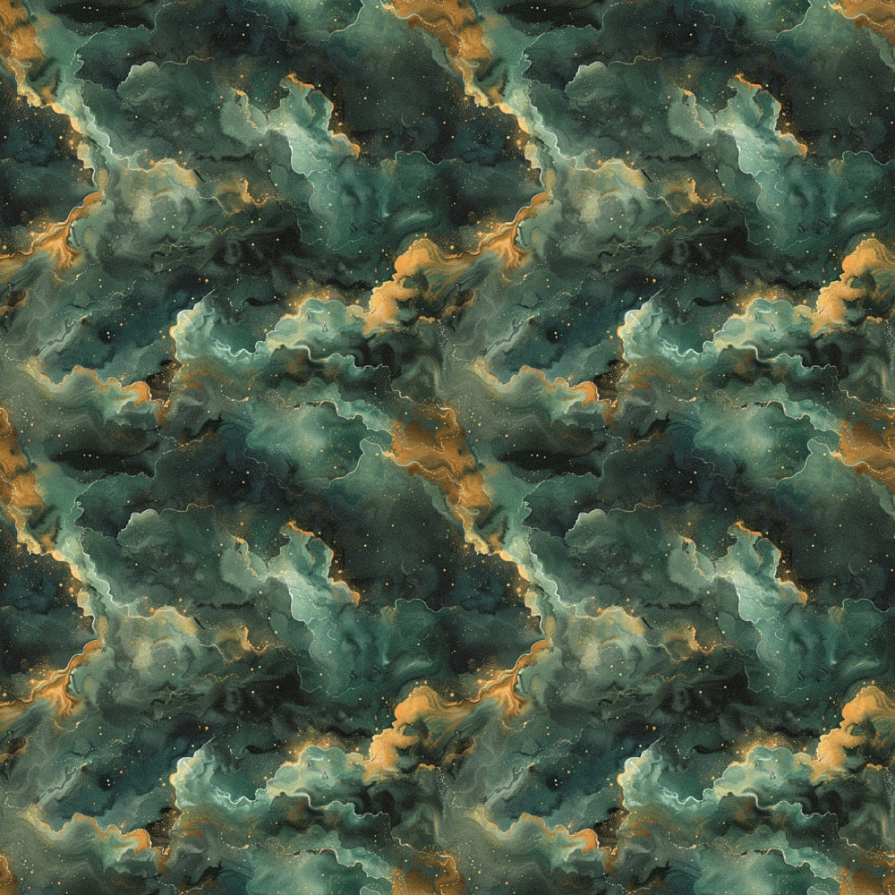 teal, emerald green, golden orange, amber, celestial clouds, swirling nebula, cosmic pattern, starry night, dreamy atmosphere, mystical design,, fabric panel, leo zodiac, astrological theme, ethereal style, flowing clouds, space imagery, repeating pattern, cotton fabric, celestial motifs