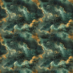 teal, emerald green, golden orange, amber, celestial clouds, swirling nebula, cosmic pattern, starry night, dreamy atmosphere, mystical design,, fabric panel, leo zodiac, astrological theme, ethereal style, flowing clouds, space imagery, repeating pattern, cotton fabric, celestial motifs