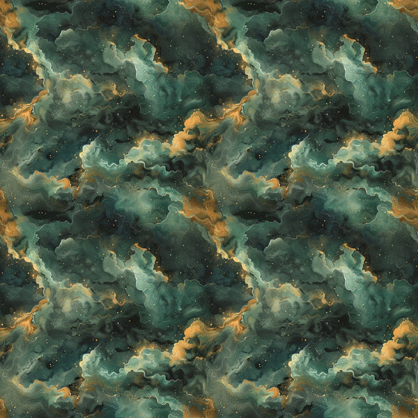 teal, emerald green, golden orange, amber, celestial clouds, swirling nebula, cosmic pattern, starry night, dreamy atmosphere, mystical design,, fabric panel, leo zodiac, astrological theme, ethereal style, flowing clouds, space imagery, repeating pattern, cotton fabric, celestial motifs