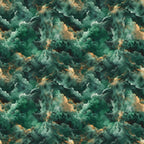 emerald green, teal, peach, gold accents, storm clouds, dramatic clouds, swirling patterns, celestial theme, leo zodiac, atmospheric design, moody sky,, fabric panel, mystical mood, turbulent clouds, green dominant, peachy highlights, cosmic patterns, astrological motif, cotton fabric