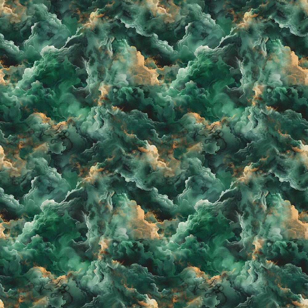 emerald green, teal, peach, gold accents, storm clouds, dramatic clouds, swirling patterns, celestial theme, leo zodiac, atmospheric design, moody sky,, fabric panel, mystical mood, turbulent clouds, green dominant, peachy highlights, cosmic patterns, astrological motif, cotton fabric