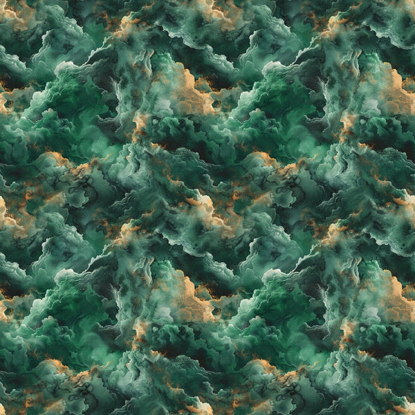 emerald green, teal, peach, gold accents, storm clouds, dramatic clouds, swirling patterns, celestial theme, leo zodiac, atmospheric design, moody sky,, fabric panel, mystical mood, turbulent clouds, green dominant, peachy highlights, cosmic patterns, astrological motif, cotton fabric