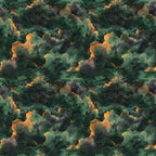 forest green, emerald green, orange accents, golden highlights, deep teal, cosmic clouds, nebula pattern, celestial swirls, space imagery, starfield,, fabric panel, leo zodiac, astrology theme, mystical atmosphere, galaxy design, seamless repeat, cosmic dust, interstellar clouds, celestial bodies