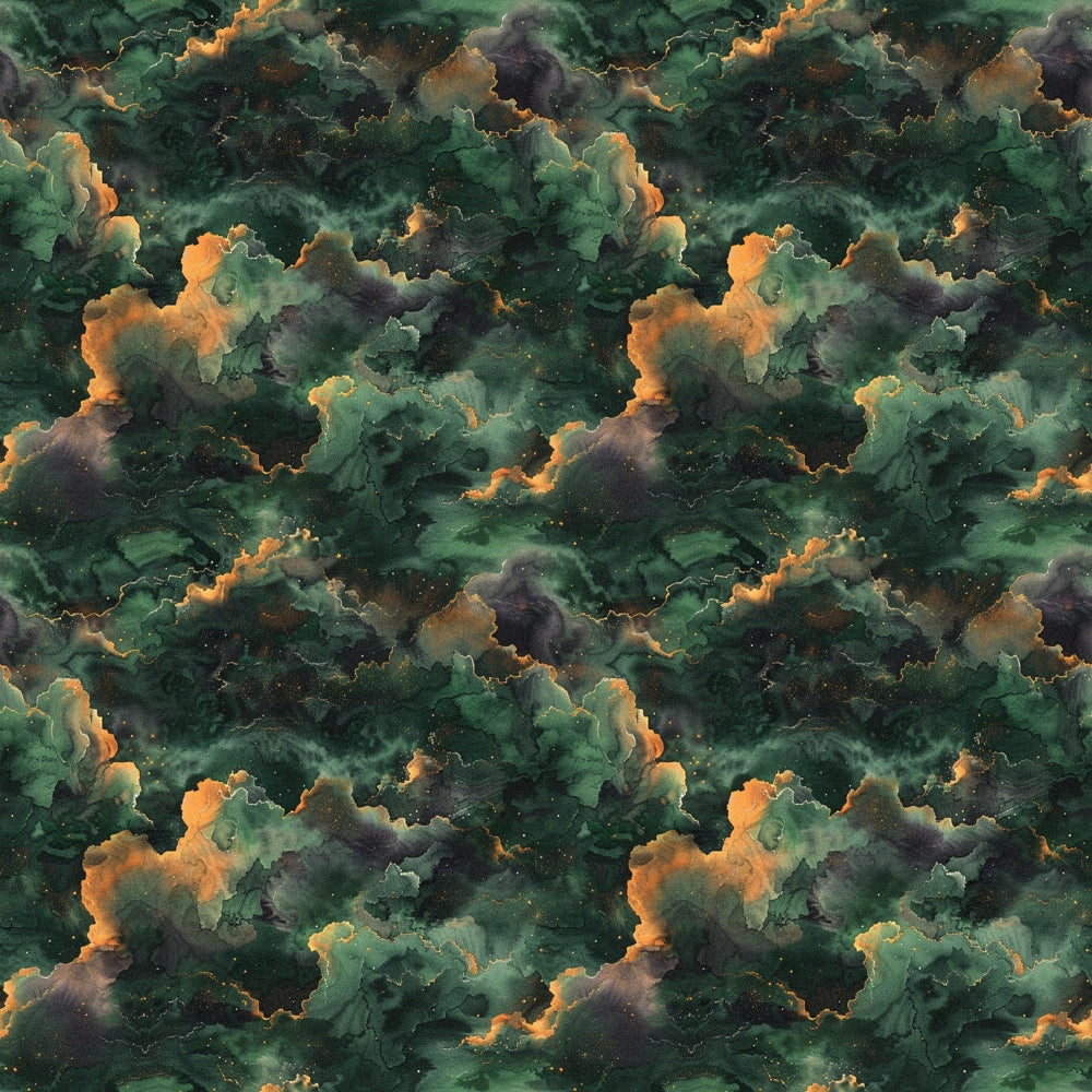 forest green, emerald green, orange accents, golden highlights, deep teal, cosmic clouds, nebula pattern, celestial swirls, space imagery, starfield,, fabric panel, leo zodiac, astrology theme, mystical atmosphere, galaxy design, seamless repeat, cosmic dust, interstellar clouds, celestial bodies