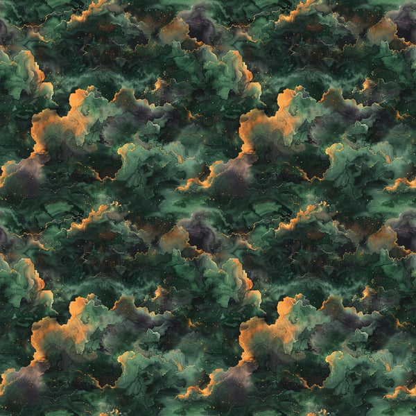 forest green, emerald green, orange accents, golden highlights, deep teal, cosmic clouds, nebula pattern, celestial swirls, space imagery, starfield,, fabric panel, leo zodiac, astrology theme, mystical atmosphere, galaxy design, seamless repeat, cosmic dust, interstellar clouds, celestial bodies