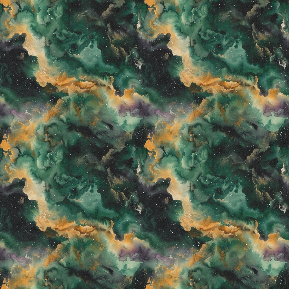 emerald green, teal, orange, purple, cosmic nebula, galaxy pattern, celestial clouds, starfield, space theme, astronomical art, swirling clouds, cosmic dust,, fabric panel, leo zodiac, mystical atmosphere, deep space, celestial bodies, cosmic colors, repeating pattern