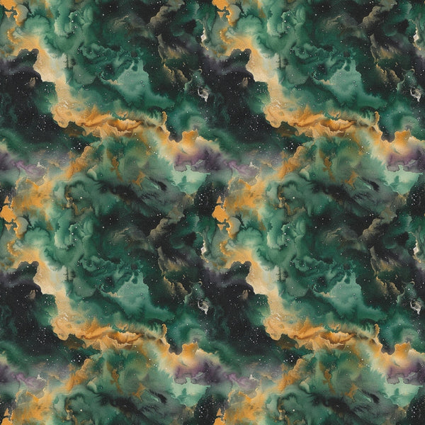 emerald green, teal, orange, purple, cosmic nebula, galaxy pattern, celestial clouds, starfield, space theme, astronomical art, swirling clouds, cosmic dust,, fabric panel, leo zodiac, mystical atmosphere, deep space, celestial bodies, cosmic colors, repeating pattern