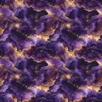cosmic nebula, deep purple, golden yellow, starry night, celestial clouds, space pattern,, fabric panel, galaxy design, astronomical theme, swirling nebulae, star clusters, purple hues, amber glow, cosmic dust, repeating pattern, mystical atmosphere, universe motif, stellar formations, dreamy spacewscape