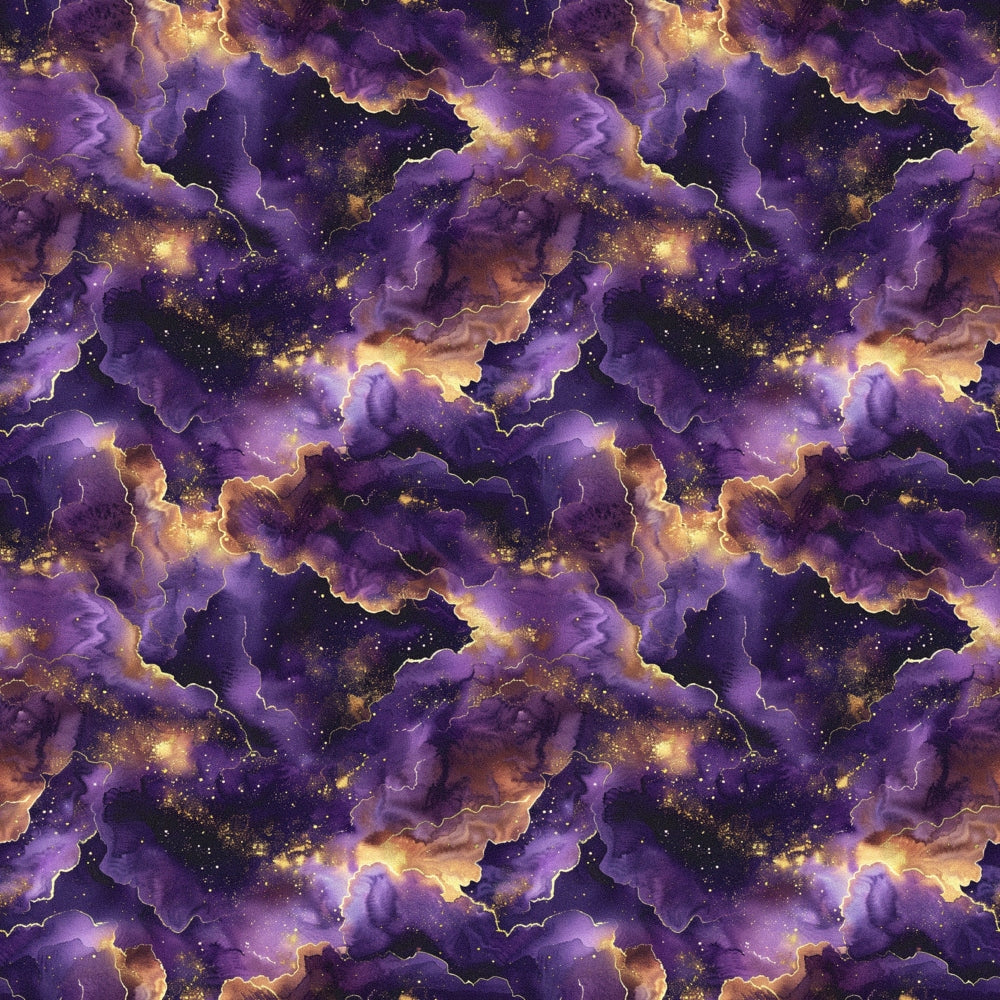 cosmic nebula, deep purple, golden yellow, starry night, celestial clouds, space pattern,, fabric panel, galaxy design, astronomical theme, swirling nebulae, star clusters, purple hues, amber glow, cosmic dust, repeating pattern, mystical atmosphere, universe motif, stellar formations, dreamy spacewscape