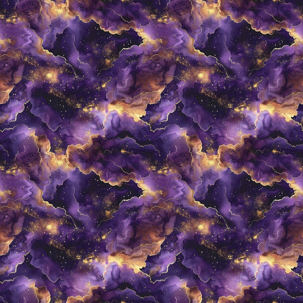 cosmic nebula, deep purple, golden yellow, starry night, celestial clouds, space pattern,, fabric panel, galaxy design, astronomical theme, swirling nebulae, star clusters, purple hues, amber glow, cosmic dust, repeating pattern, mystical atmosphere, universe motif, stellar formations, dreamy spacewscape