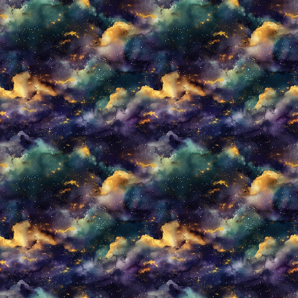 cosmic nebula, galaxy pattern, deep purple, teal green, golden yellow, starfield, space clouds, celestial design, astronomy theme,, fabric panel, leo zodiac, constellation motif, universe pattern, cosmic dust, interstellar clouds, night sky, ethereal mood, mystical atmosphere, repeating pattern