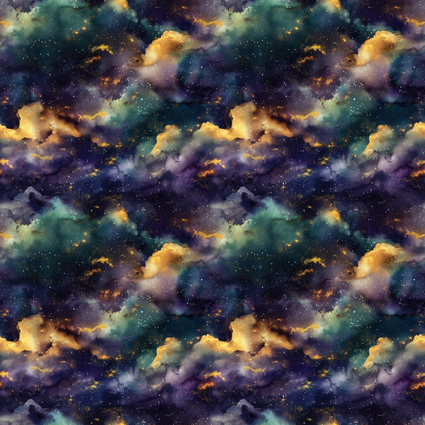 cosmic nebula, galaxy pattern, deep purple, teal green, golden yellow, starfield, space clouds, celestial design, astronomy theme,, fabric panel, leo zodiac, constellation motif, universe pattern, cosmic dust, interstellar clouds, night sky, ethereal mood, mystical atmosphere, repeating pattern