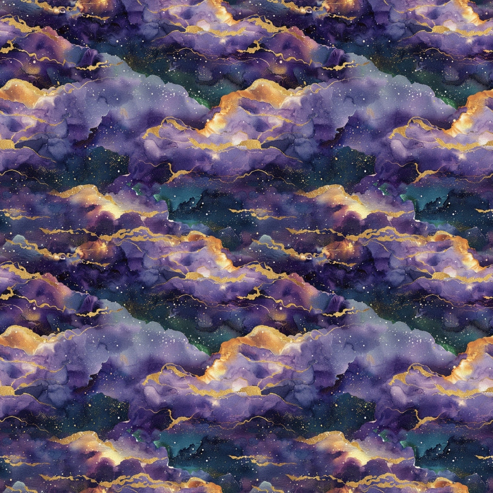 purple clouds, golden accents, starry night sky, celestial pattern, cosmic design, galaxy print, nebula clouds, deep purple, teal blue, orange highlights, mystical atmosphere, space theme,, fabric panel, repeating pattern, dreamy sky, night clouds, astronomical motif, watercolor effect, leo zodiac