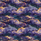 purple clouds, golden accents, starry night sky, celestial pattern, cosmic design, galaxy print, nebula clouds, deep purple, teal blue, orange highlights, mystical atmosphere, space theme,, fabric panel, repeating pattern, dreamy sky, night clouds, astronomical motif, watercolor effect, leo zodiac