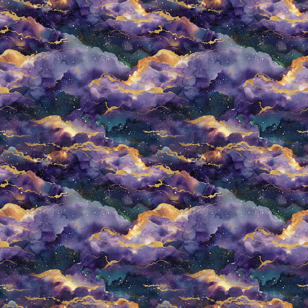 purple clouds, golden accents, starry night sky, celestial pattern, cosmic design, galaxy print, nebula clouds, deep purple, teal blue, orange highlights, mystical atmosphere, space theme,, fabric panel, repeating pattern, dreamy sky, night clouds, astronomical motif, watercolor effect, leo zodiac