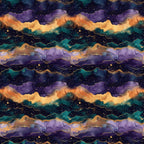 cosmic waves, galaxy pattern, deep purple, teal green, golden orange, starry night, celestial design, flowing layers, mystical atmosphere,, fabric panel, astrology theme, nebula colors, wavy stripes, cosmic landscape, dreamy pattern, jewel tones, ethereal design, repeating motif, space inspired