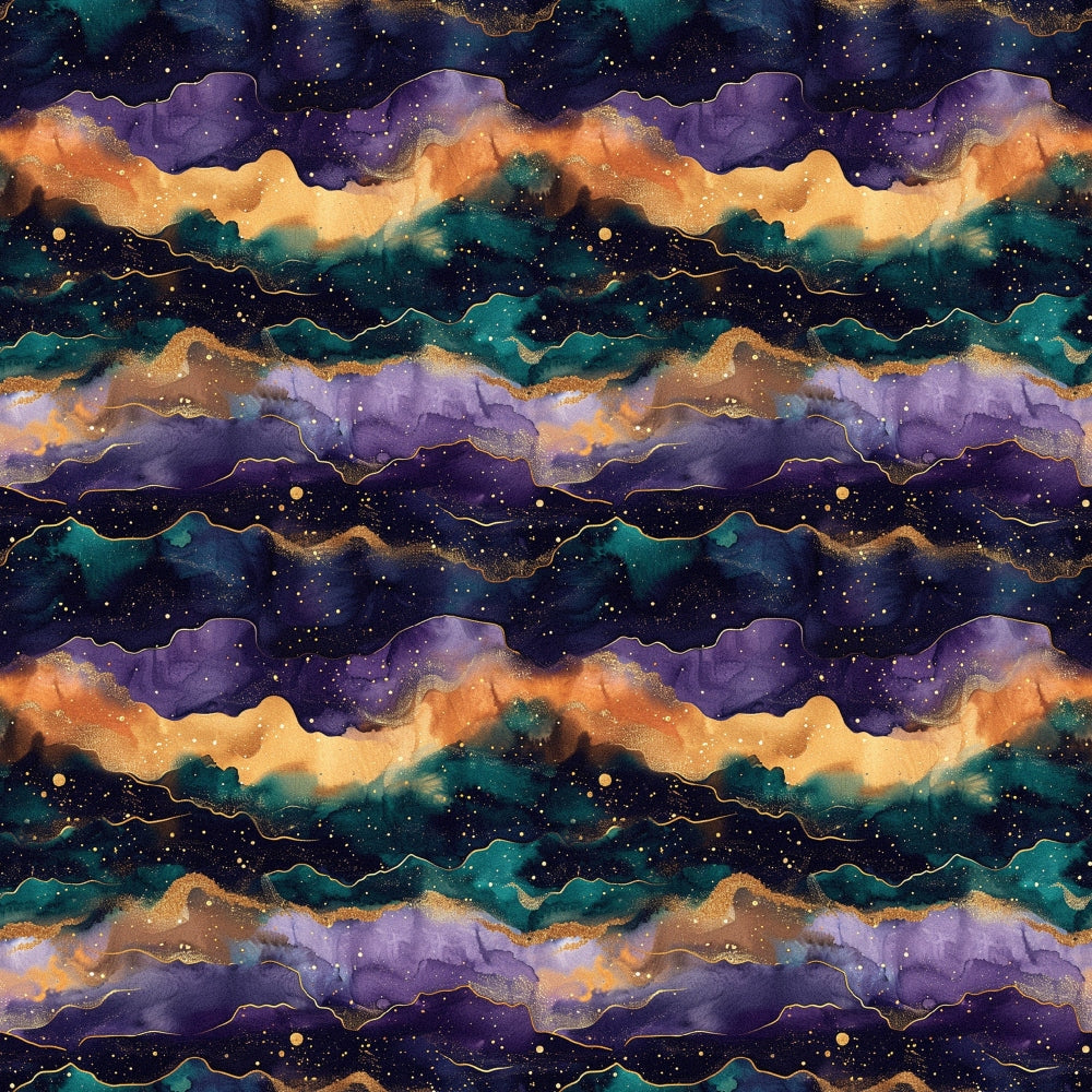 cosmic waves, galaxy pattern, deep purple, teal green, golden orange, starry night, celestial design, flowing layers, mystical atmosphere,, fabric panel, astrology theme, nebula colors, wavy stripes, cosmic landscape, dreamy pattern, jewel tones, ethereal design, repeating motif, space inspired