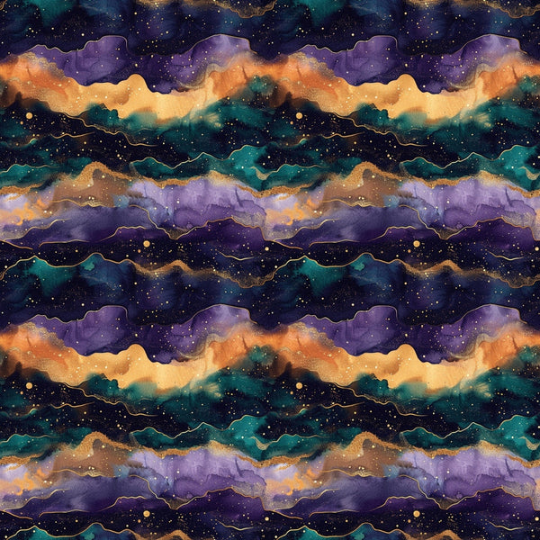 cosmic waves, galaxy pattern, deep purple, teal green, golden orange, starry night, celestial design, flowing layers, mystical atmosphere,, fabric panel, astrology theme, nebula colors, wavy stripes, cosmic landscape, dreamy pattern, jewel tones, ethereal design, repeating motif, space inspired