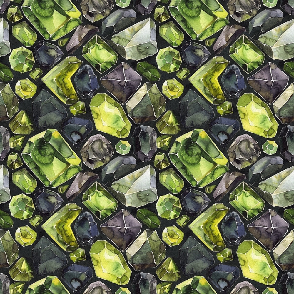 emerald green, forest green, lime green, charcoal gray, black, gemstone pattern, crystal design, faceted gems, geometric shapes, scattered placement, luxury aesthetic, sophisticated mood,, fabric panel, watercolor style, realistic rendering, precious stones, jewel tones, contemporary design, repeating motif