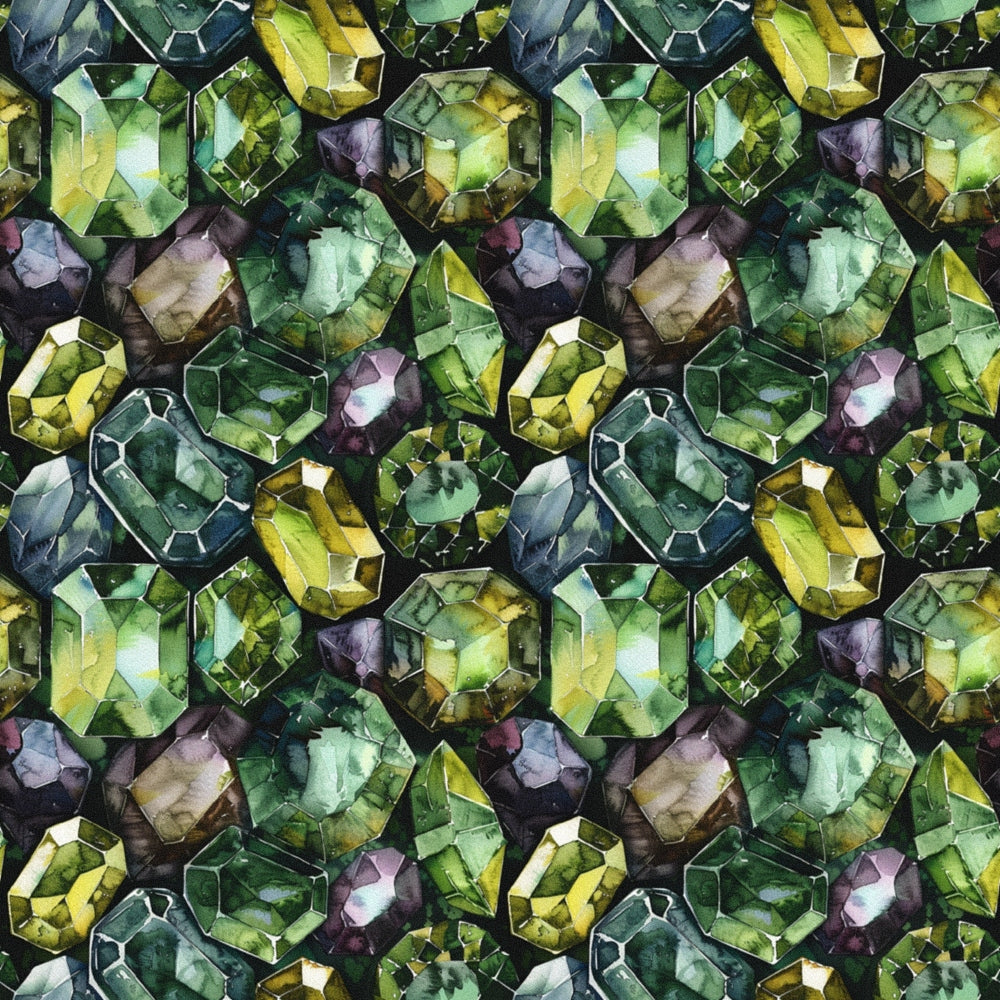 emerald green, forest green, lime green, purple, amethyst, lavender, gemstone pattern, crystal design, faceted gems, jewel tones, geometric shapes, luxurious, sparkling, prismatic,, fabric panel, repeating pattern, mineral inspired, multifaceted, treasure theme