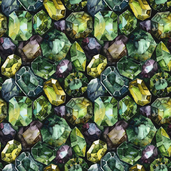 emerald green, forest green, lime green, purple, amethyst, lavender, gemstone pattern, crystal design, faceted gems, jewel tones, geometric shapes, luxurious, sparkling, prismatic,, fabric panel, repeating pattern, mineral inspired, multifaceted, treasure theme