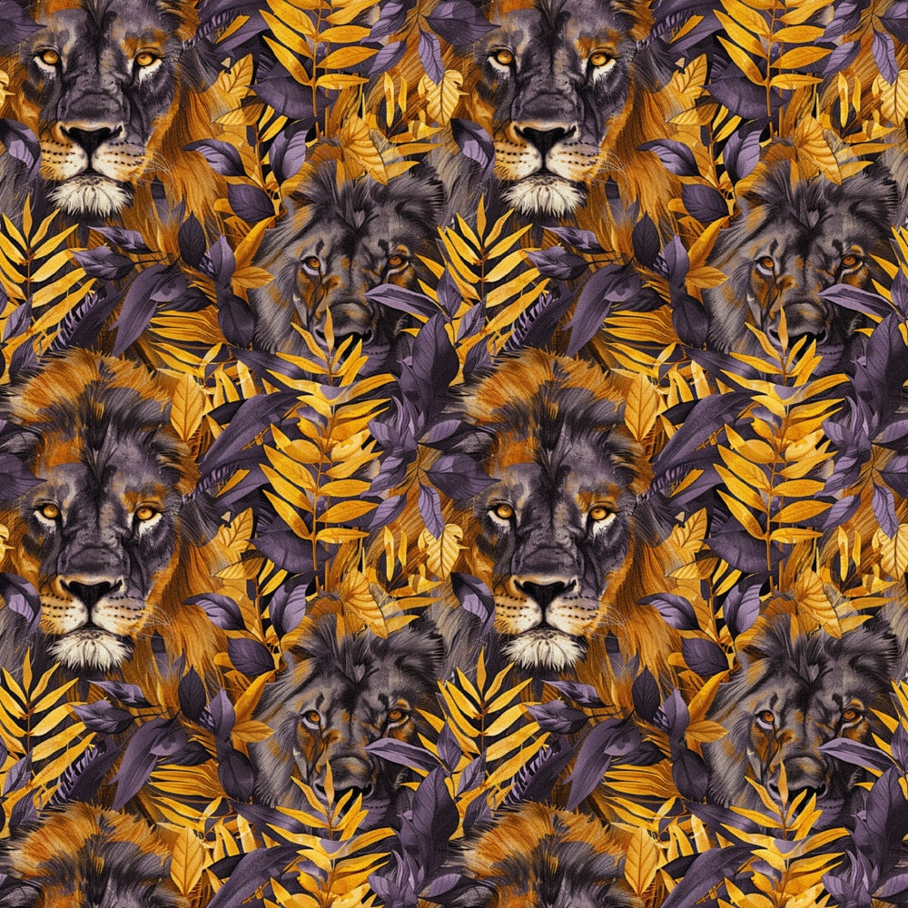 lions, tropical leaves, golden yellow, deep purple, orange, brown, animal faces, jungle pattern, botanical foliage, repeating motif,, fabric panel, wildlife design, exotic plants, warm tones, nature themed, safari animals, leafy background, majestic lions, tropical paradise
