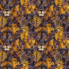 lions, tropical leaves, golden yellow, deep purple, orange, brown, animal faces, jungle pattern, botanical foliage, repeating motif,, fabric panel, wildlife design, exotic plants, warm tones, nature themed, safari animals, leafy background, majestic lions, tropical paradise