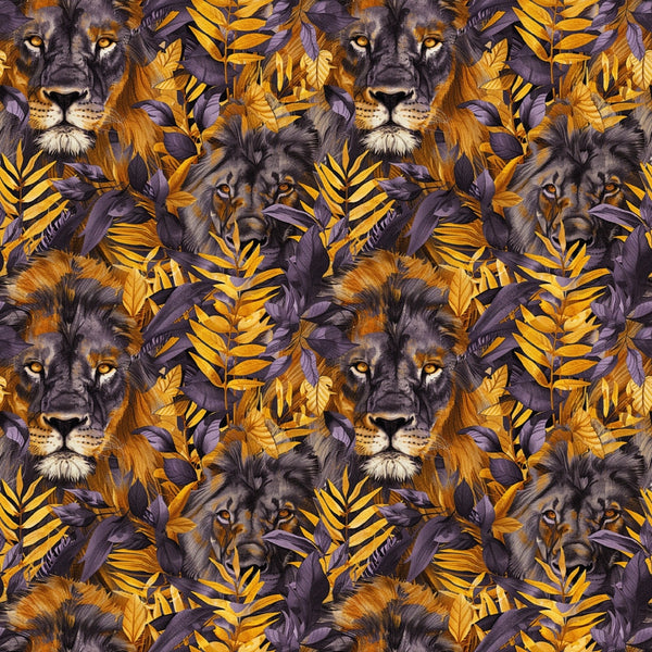 lions, tropical leaves, golden yellow, deep purple, orange, brown, animal faces, jungle pattern, botanical foliage, repeating motif,, fabric panel, wildlife design, exotic plants, warm tones, nature themed, safari animals, leafy background, majestic lions, tropical paradise