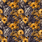 lions, floral pattern, golden yellow, amber, deep purple, charcoal gray, autumn colors, majestic lions, botanical elements, large flowers, leafy vines,, fabric panel, leo zodiac, astrology theme, repeating pattern, realistic artwork, warm tones, fall palette, nature motifs