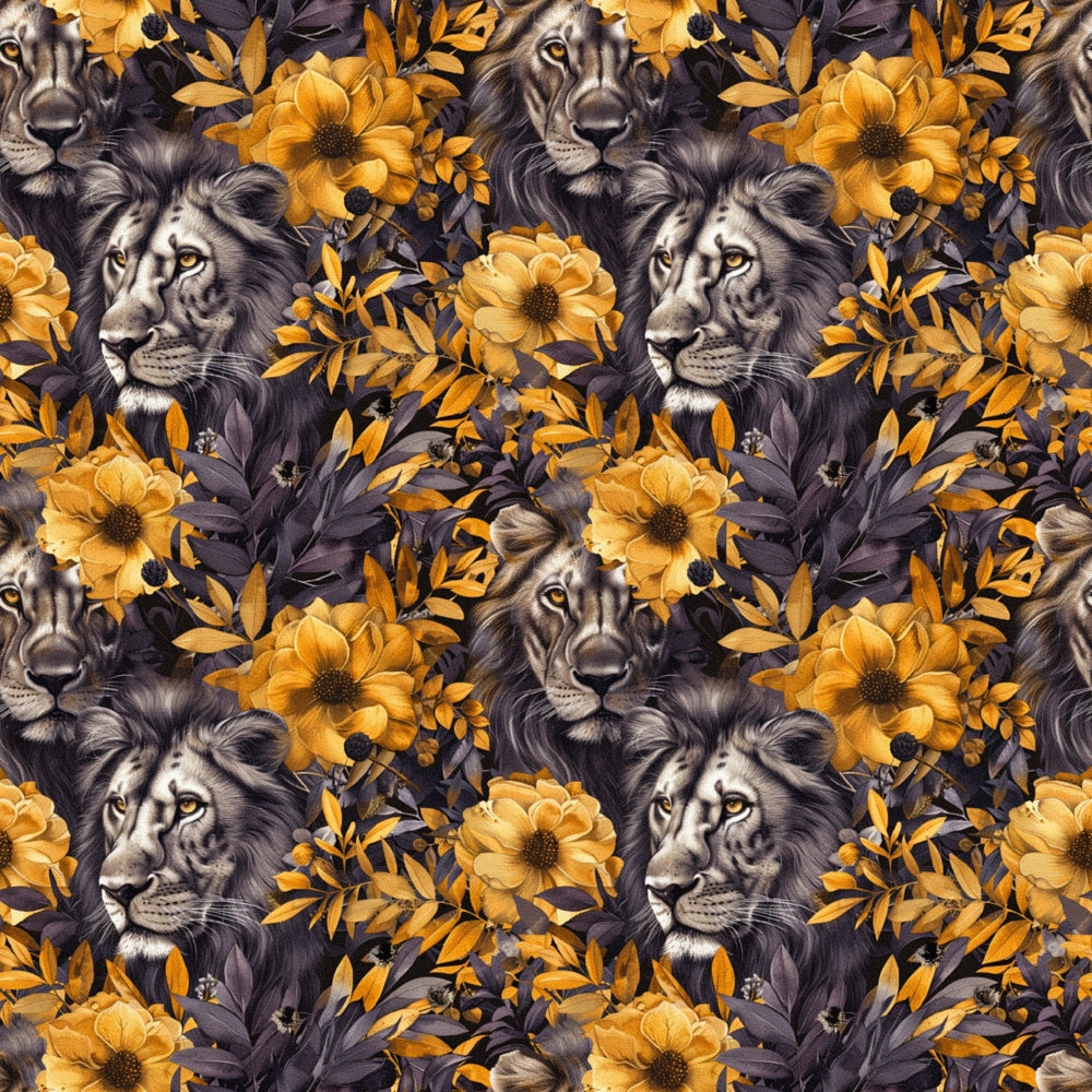lions, floral pattern, golden yellow, amber, deep purple, charcoal gray, autumn colors, majestic lions, botanical elements, large flowers, leafy vines,, fabric panel, leo zodiac, astrology theme, repeating pattern, realistic artwork, warm tones, fall palette, nature motifs