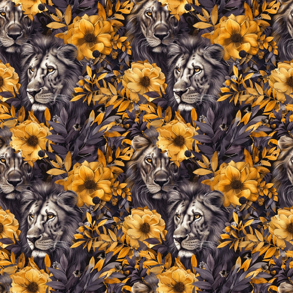 lions, floral pattern, golden yellow, amber, deep purple, charcoal gray, autumn colors, majestic lions, botanical elements, large flowers, leafy vines,, fabric panel, leo zodiac, astrology theme, repeating pattern, realistic artwork, warm tones, fall palette, nature motifs
