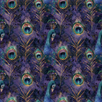 peacock feathers, purple background, teal eyespots, gold accents, peacock birds, celestial theme, starry night, iridescent colors, repeating pattern,, fabric panel, jewel tones, ornate design, mystical mood, fantasy style, emerald green, deep violet, cosmic elements, decorative motifs, luxury aesthetic