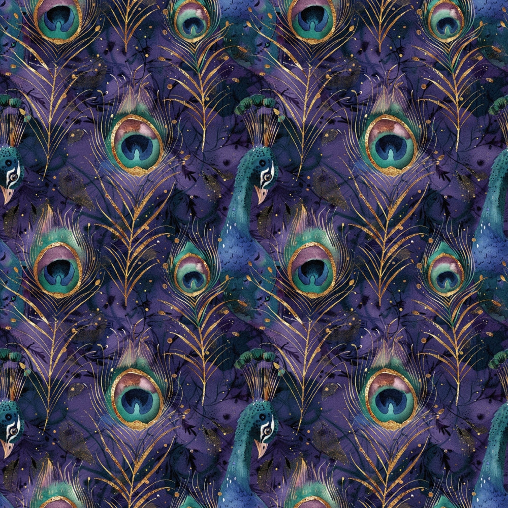 peacock feathers, purple background, teal eyespots, gold accents, peacock birds, celestial theme, starry night, iridescent colors, repeating pattern,, fabric panel, jewel tones, ornate design, mystical mood, fantasy style, emerald green, deep violet, cosmic elements, decorative motifs, luxury aesthetic