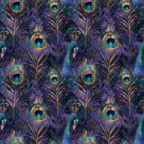 peacock feathers, purple background, teal eyespots, gold accents, peacock birds, celestial theme, starry night, iridescent colors, repeating pattern,, fabric panel, jewel tones, ornate design, mystical mood, fantasy style, emerald green, deep violet, cosmic elements, decorative motifs, luxury aesthetic