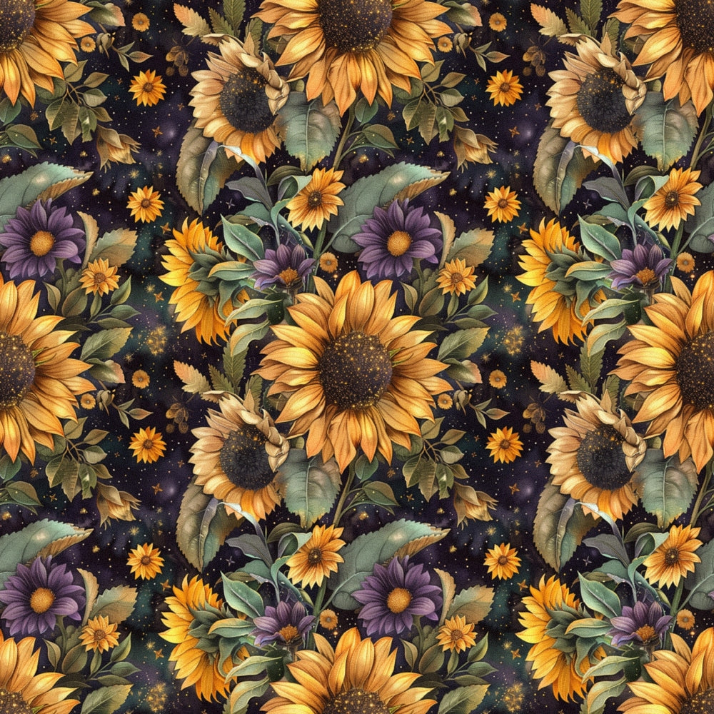 sunflowers, purple flowers, golden yellow, deep purple, sage green, dark navy background, floral pattern, botanical design, repeating motif, starry night, celestial elements, autumn colors,, fabric panel, leo zodiac, astrological theme, vintage style, whimsical art, nature inspired, fall seasonal