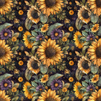 sunflowers, purple flowers, golden yellow, deep purple, sage green, dark navy background, floral pattern, botanical design, repeating motif, starry night, celestial elements, autumn colors,, fabric panel, leo zodiac, astrological theme, vintage style, whimsical art, nature inspired, fall seasonal