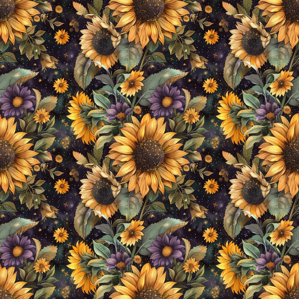sunflowers, purple flowers, golden yellow, deep purple, sage green, dark navy background, floral pattern, botanical design, repeating motif, starry night, celestial elements, autumn colors,, fabric panel, leo zodiac, astrological theme, vintage style, whimsical art, nature inspired, fall seasonal