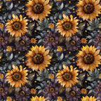 sunflowers, golden yellow, orange petals, purple flowers, dark navy background, starry night, celestial dots, botanical pattern, floral design,, fabric panel, autumn colors, moody florals, watercolor style, repeating pattern, dark brown centers, green leaves, leo zodiac, astrological theme, night sky