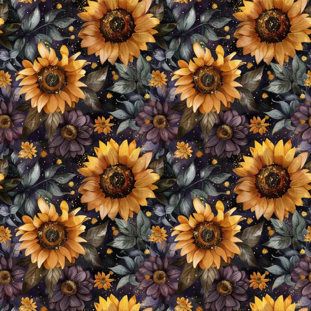 sunflowers, golden yellow, orange petals, purple flowers, dark navy background, starry night, celestial dots, botanical pattern, floral design,, fabric panel, autumn colors, moody florals, watercolor style, repeating pattern, dark brown centers, green leaves, leo zodiac, astrological theme, night sky