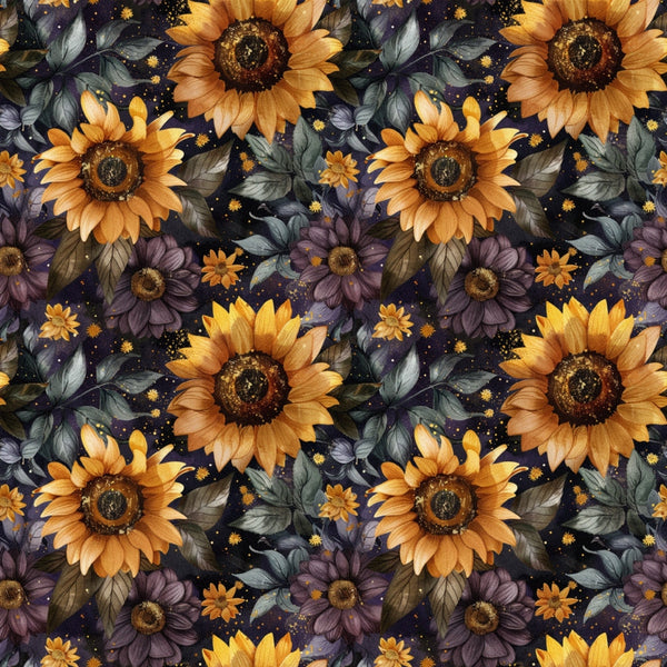 sunflowers, golden yellow, orange petals, purple flowers, dark navy background, starry night, celestial dots, botanical pattern, floral design,, fabric panel, autumn colors, moody florals, watercolor style, repeating pattern, dark brown centers, green leaves, leo zodiac, astrological theme, night sky