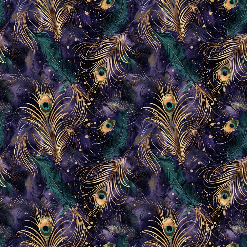 peacock feathers, deep purple, teal green, gold accents, celestial pattern, starry background, repeating motif, luxurious design, jewel tones, ornate feathers, mystical atmosphere,, fabric panel, rich colors, elegant pattern, cosmic theme, decorative swirls, shimmering gold, midnight blue, botanical elements